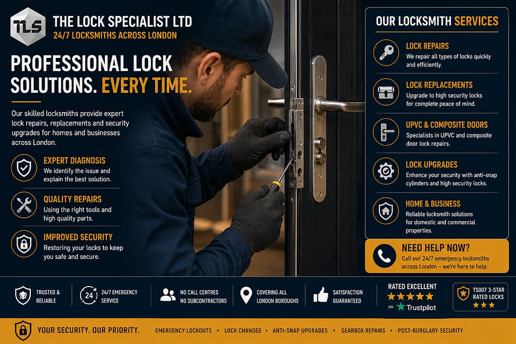 The Lock Specialist Ltd London locksmith infographic – locked out guide, London burglary facts, and 5-step home security checklist including anti-snap lock upgrades.